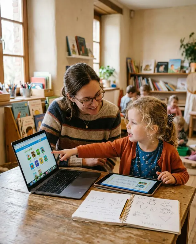 Educator și copil explorând tehnologie creativă, clubul Magic Digital